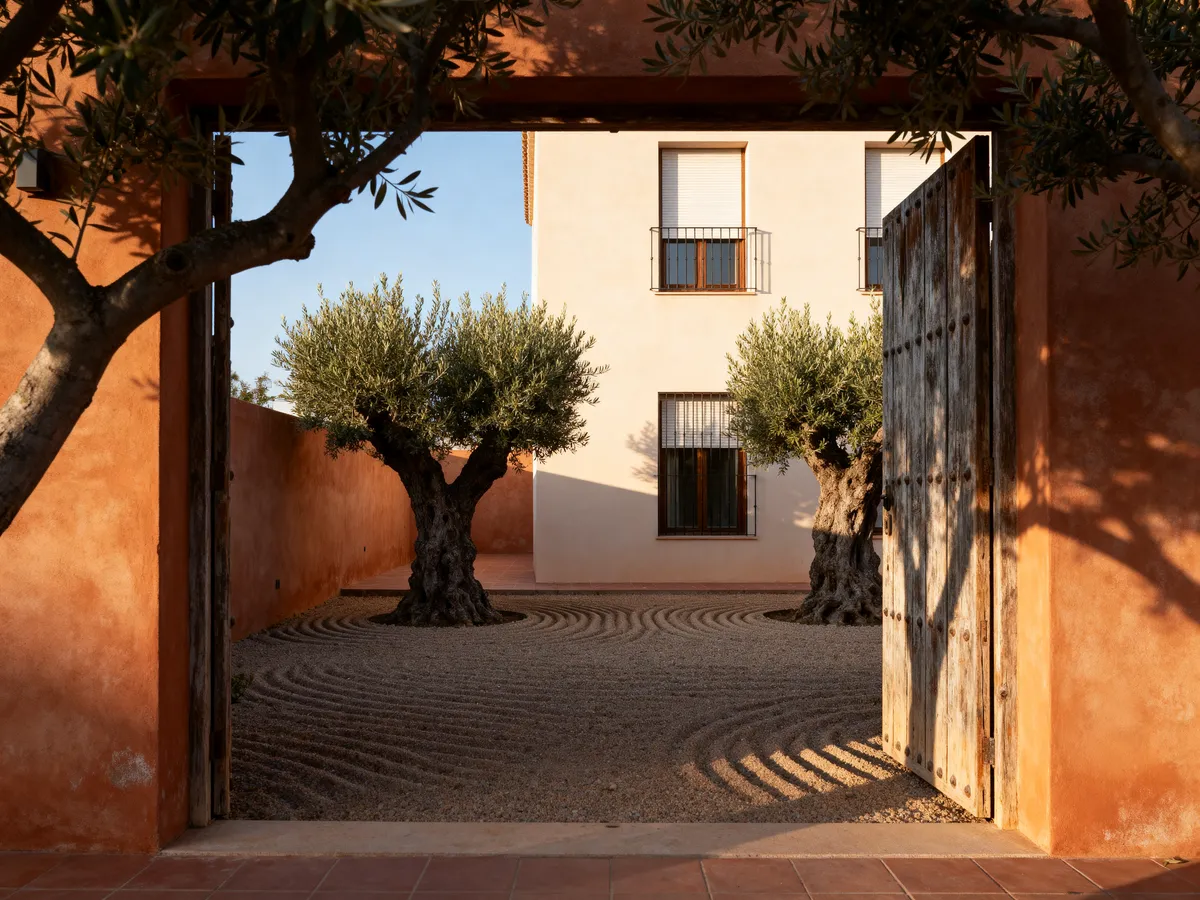 The walled garden of Duplex Olivo with two old olive trees over raked gravel