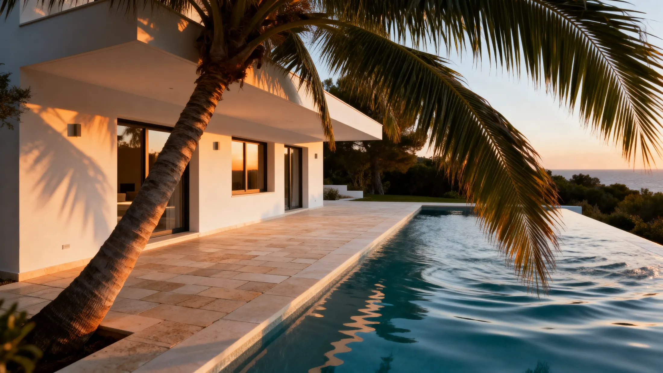 A contemporary white villa above the sea at Estepona, seen across its infinity pool in late afternoon light