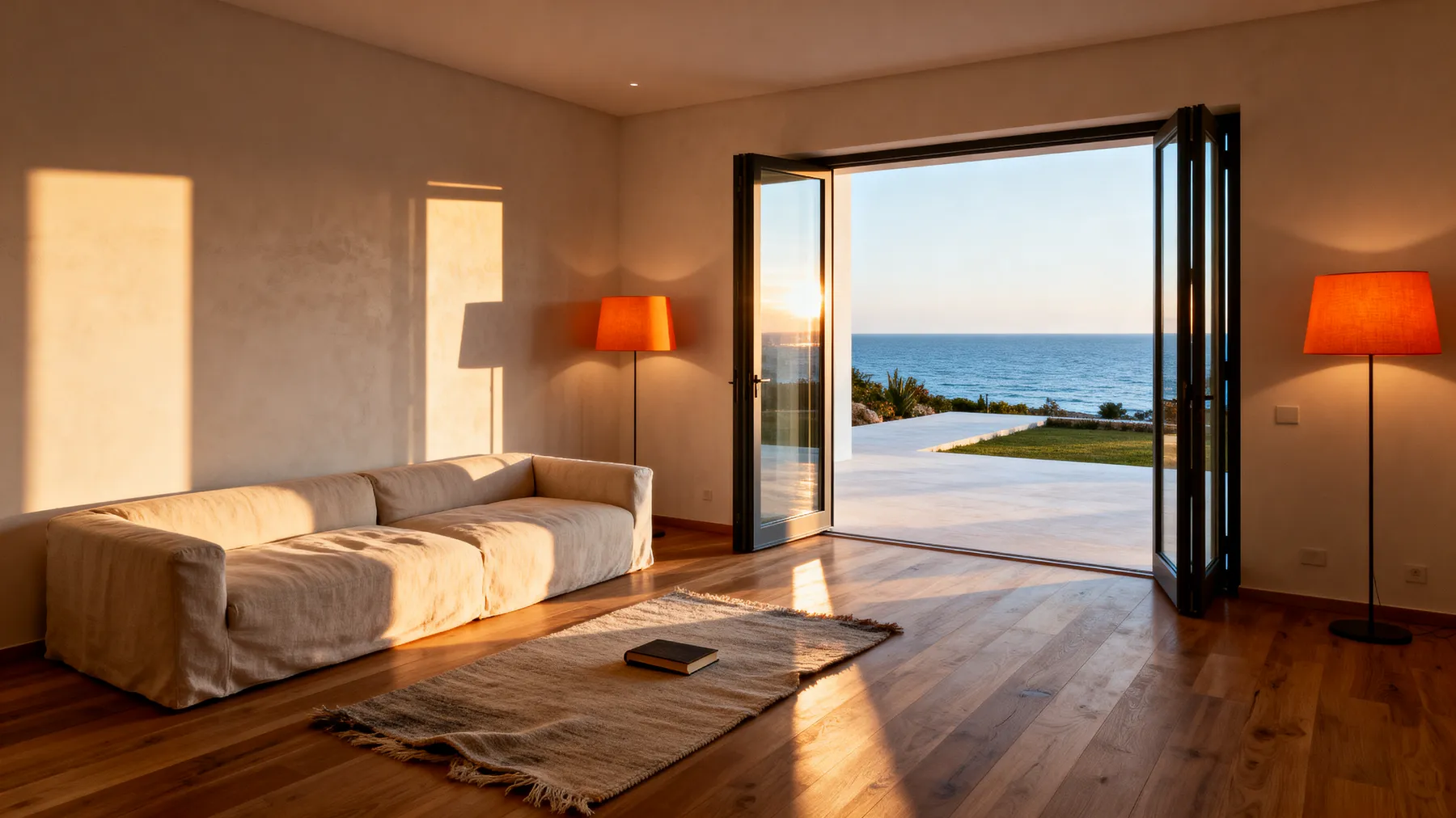 The living room of Villa Mar with the doors folded fully open to the terrace and the sea