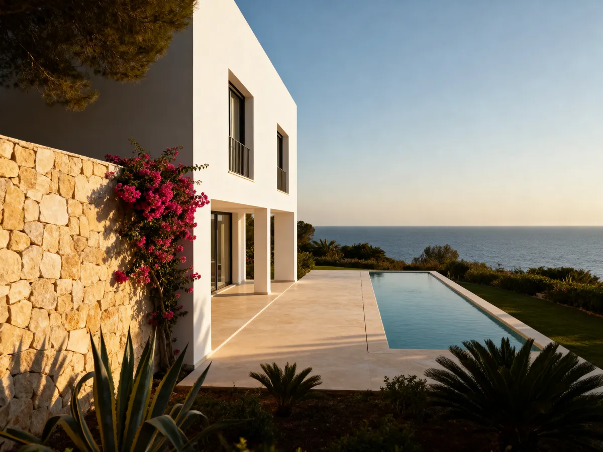 Villa Mar seen from the garden: white render, a stone boundary wall with bougainvillea, and a lap pool running out toward the sea